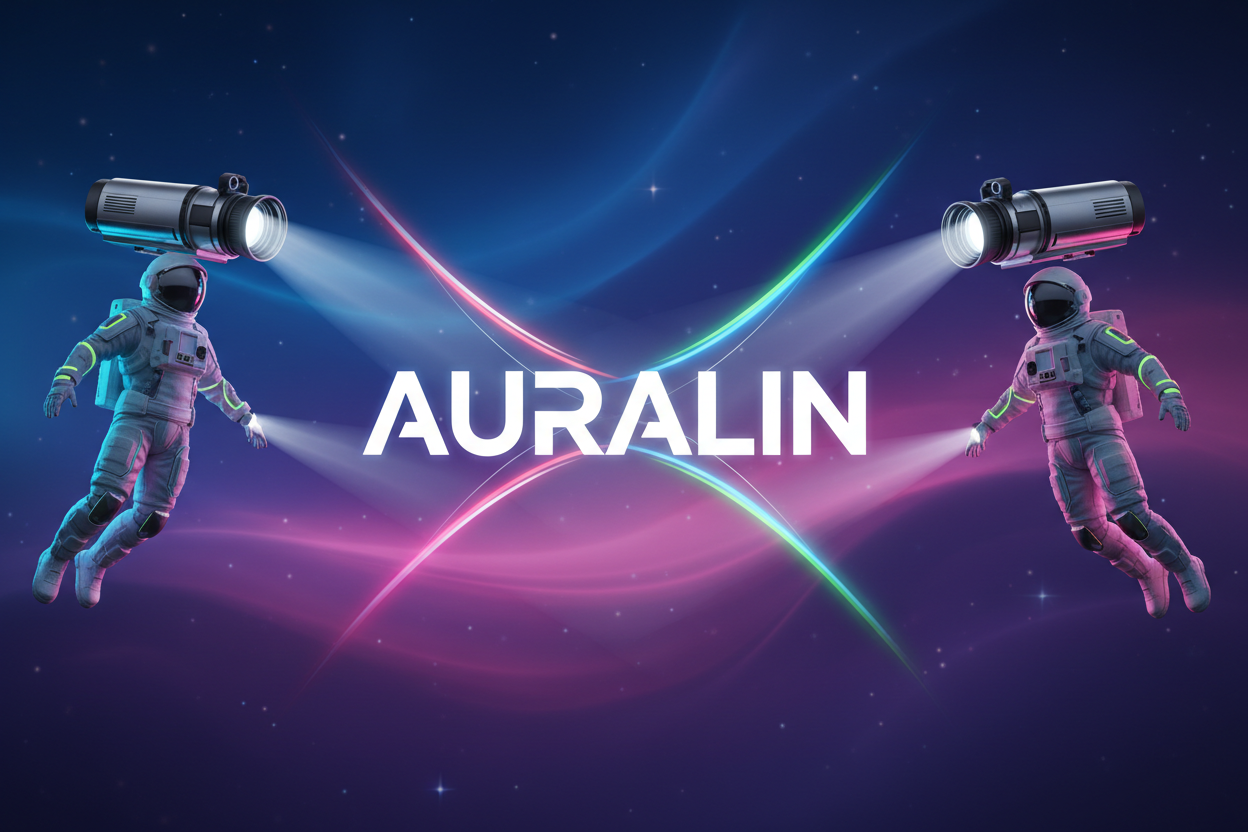 Na środku napis AURALIN obok ledy RGB i projektory w astronauty a tło ma być na gradient niebieski różowy fioletowy 